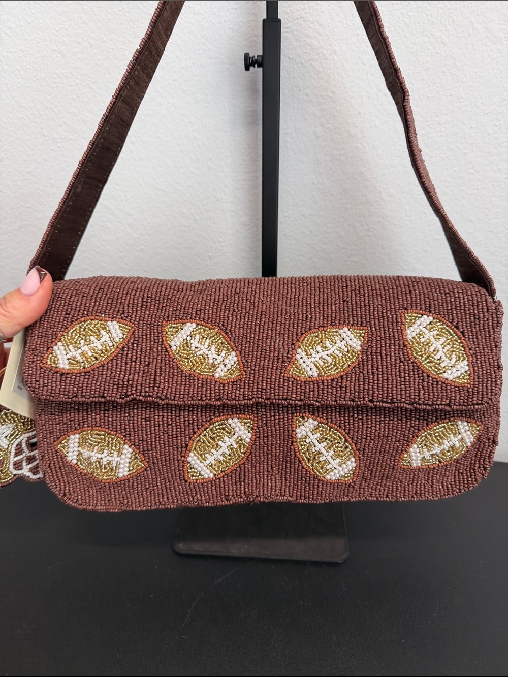 Sol and Mer | Fall Football Chocolate Brown Beaded Bag w/ Matching Bag Charm 🏈🍂 - Picture 5 of 14